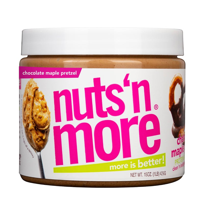nuts'n more Nuts ‘N More Chocolate Maple Pretzel Peanut Butter Spread, Added Protein All Natural Snack, Low Carb, Low Sugar, Non-GMO, High Protein Flavored Nut Butter (15 oz Jar) - Image 1